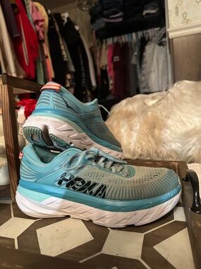 Hoka Teal and White Cushioned Running Shoes